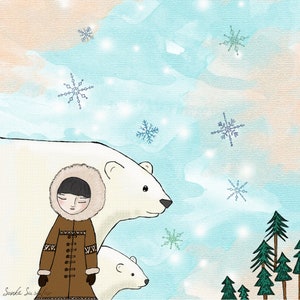 Puede incluir: Ilustración de una persona con abrigo marrón con capucha ribeteada de piel junto a dos osos polares blancos. El fondo presenta un cielo azul claro y melocotón con copos de nieve y pinos verdes.