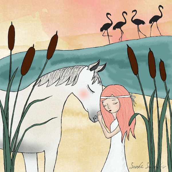 Provence Girl with a White Horse and Flamingo Art Print (4 different sizes) - Camargue