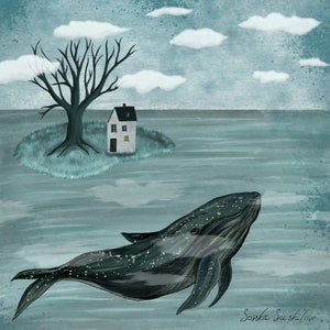 The Whale and Little House Art Print (4 verschillende formaten) - Ocean Whale Greeting Card