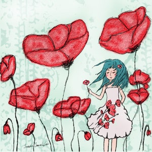 Puede incluir: Una niña con el pelo azul turquesa se encuentra en un campo de amapolas rojas. Lleva un vestido blanco con amapolas rojas. Tiene una sola amapola roja en la mano.