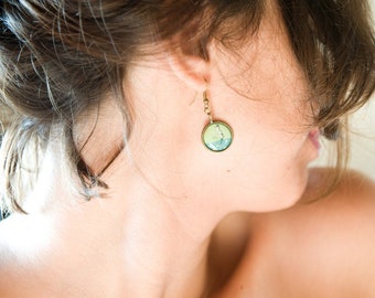 Green Blue Bronze Earrings with White Crane Bird