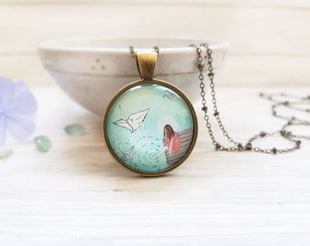 Turquoise Blue Origami Necklace with Paper Cranes Necklace - Origami Jewelry