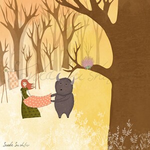 Meisje met Yakobear in de Herfst Forest Art Print (4 verschillende maten) - Fairy Tale Wenskaart