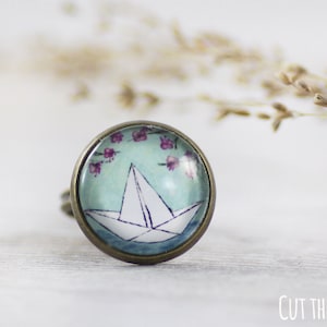 Blue Origami Paper Boat Adjustable Ring