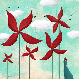 Puede incluir: Una pintura digital de una escena caprichosa con molinos de viento en forma de flores rojas sobre un cielo turquesa con nubes blancas. Los molinos de viento tienen tallos largos y están dispuestos en fila. Una mujer con un vestido azul se encuentra en primer plano, mirando hacia los molinos de viento.