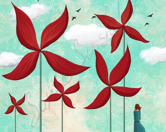 Girl with Flower Windmills Art Print (4 different sizes) - Flower Blossom Greeting Card