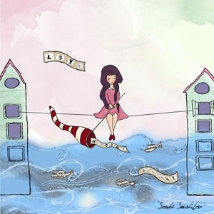 Puede incluir: Una ilustración de acuarela de una niña sentada en una cuerda floja entre dos casas. La niña sostiene un palo con un cuerno de unicornio rojo y blanco a rayas. Las palabras "LOVE" y "UNICORN" están escritas en pancartas en la imagen. El fondo es un lavado de acuarela rosa y azul claro.