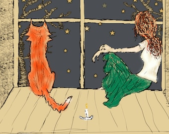 Girl with Fox Print (3 different sizes) - Children wall decor - Fox Print - Nursery Decor - Girls Wall Art - Art Print