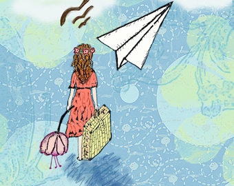 Girl with Paper Plane Print (2 different sizes) - Origami Paper Plane - Art Print
