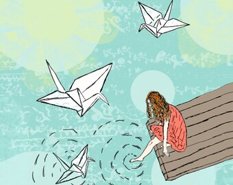 Girl with Paper Cranes Print (2 different sizes) - Origami Paper Cranes - Art Print