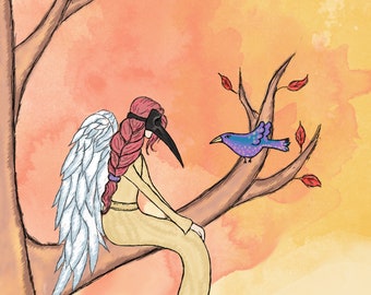 Girl with Wings and Bird Mask Art Print (3 different sizes) - Fairy Greeting Card