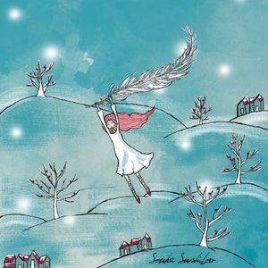 Puede incluir: Una niña con cabello rosado vuela por el aire sosteniendo una gran pluma blanca. El fondo es una pintura de acuarela de una escena de invierno con colinas cubiertas de nieve y pequeñas casas.