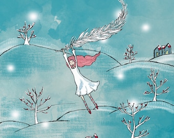 Girl Flying on Feather Print (3 different sizes) - Blue Winter Print Art