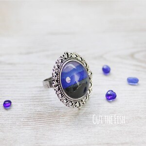 Anillo azul luna llena en tono plateado estilo vintage - Anillo ajustable