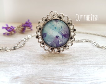 Purple Blue Jewelry with White Birds in a Silver tone Vintage style Pendant -  Lilac Blue Necklace