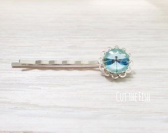 Dragonfly Hair Pin - Turquoise Blue Silver tone Bobby Pin