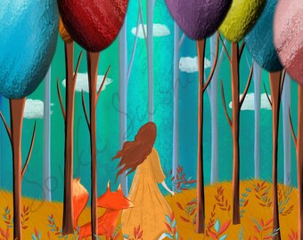 Girl with Fox in Autumn Forest Print (4 different sizes) - Autumn Greeting Card