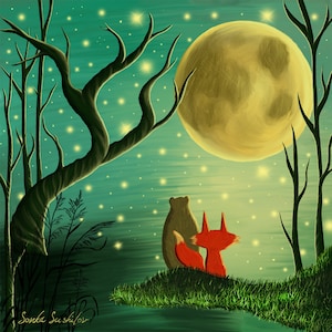 Impression d'art ours renard et lune (4 tailles différentes) - carte de voeux lune et étoiles