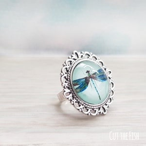 Dragonfly Ring - Turquoise Blue Silver tone Vintage Look Ring