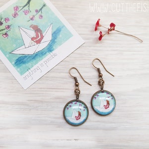 Origami Bronze Earrings with Girl on a Paper Boat image 2