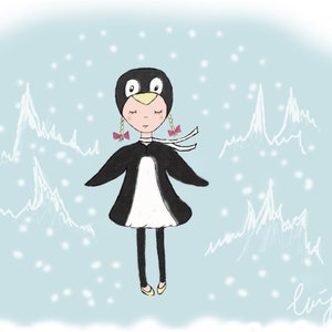 Penguin Girl Print (3 tailles différentes) - Fille en costume pingouin Carte de vœux
