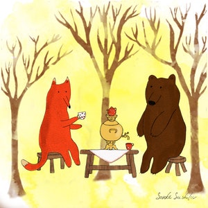Fox and Bear Tea Time Art Print (2 verschillende formaten) - Forest Tea Party Poster