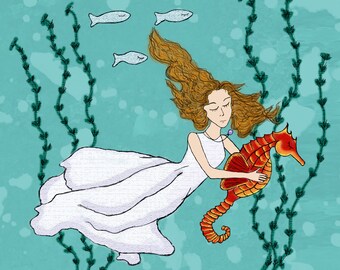 Little Mermaid Art Print (3 different sizes) - Girl with a Seahorse Greeting Card