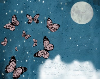Singing Butterflies in the Night Sky Art Print (4 different sizes) - Butterfly Greeting Card