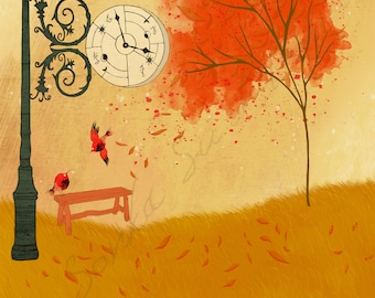 Two Birds on the Bench and Autumn Tree Art Print (4 different sizes) - Clock and Birds in Love Greeting Card