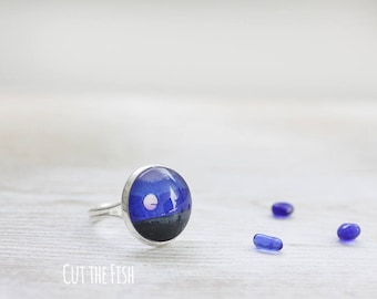 Blue Full Moon Adjustable Silver tone Ring