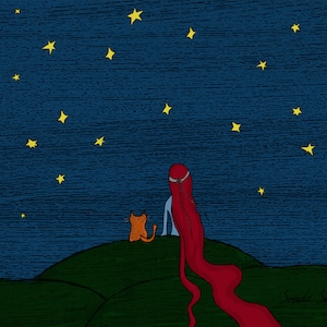 Puede incluir: Una mujer con el pelo largo y rojo se sienta en una colina cubierta de hierba con un pequeño gato naranja. Están mirando un cielo nocturno azul oscuro lleno de estrellas amarillas.