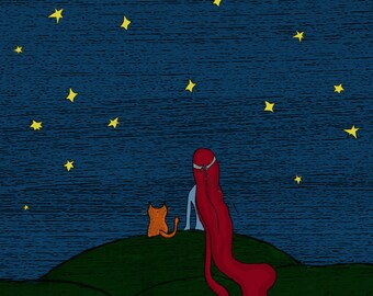 Girl, Cat and Starfall Art Print (3 different sizes) - Cat Greeting Card