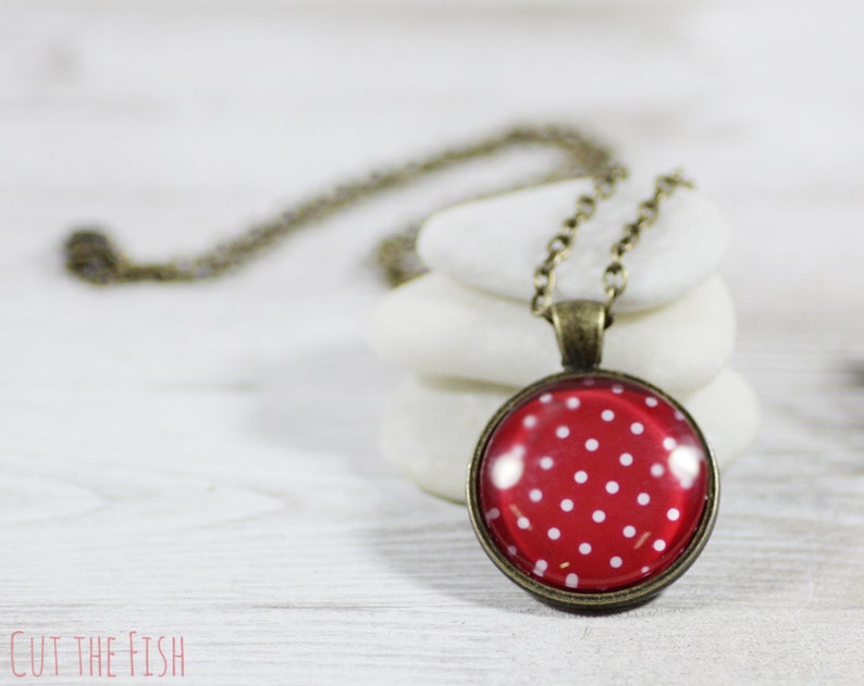 Red White Bronze Polka Dot Necklace Retro Style Jewelry image 2