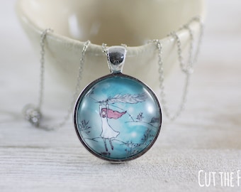 Girl on Feather Turquoise Blue Necklace in a Silver tone pendant - Feather  jewelry