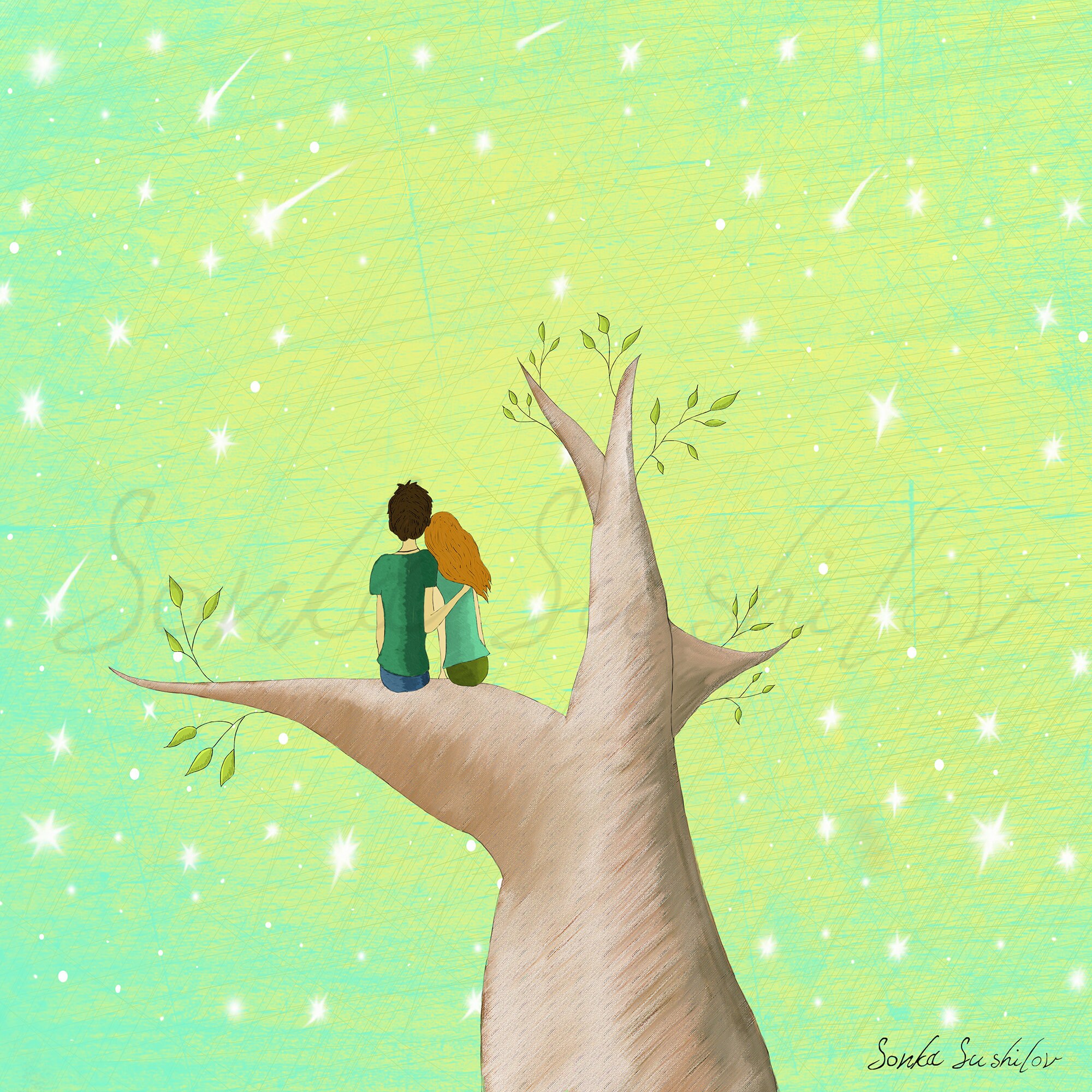 Couple in Love on the Tree Art Print (4 different sizes) - Love Couple and Stars Greeting Card