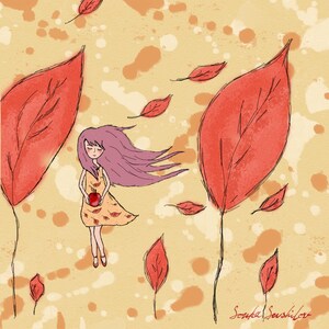 Puede incluir: Ilustración de una niña con cabello morado ondeante sosteniendo una manzana roja, rodeada de grandes hojas rojas y hojas más pequeñas que caen. El fondo es amarillo claro con salpicaduras naranjas y blancas. La niña lleva un vestido amarillo con estampados de hojas rojas.