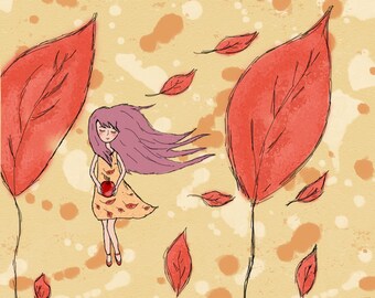 Girl and Autumn Leaves Art Print (3 different sizes)