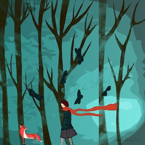 Ragazza con volpe in Emerald Forest Art Print (4 diverse dimensioni) - Biglietto di auguri da fiaba