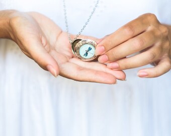 Dragonfly Locket Necklace - Turquoise Blue Dragonfly Silver tone Locket