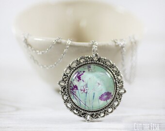 Mint Green Silver tone Necklace with Purple Flowers - Vintage Look Japanese Lake Jewelry