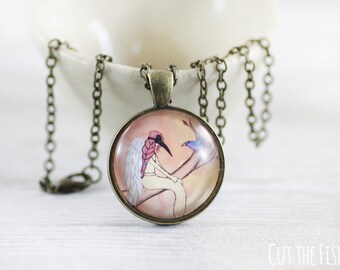 Girl with Bird Jewelry - Jewelry - Blue Bird Jewelry - Beige Necklace - Gifts for Her - Girl with Bird Necklace - Art jewelry