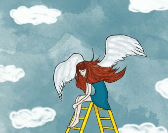 Girl with Wings on Stair to the Sky Art Print (3 different sizes) - Guardian Angel Greeting Card
