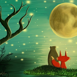 Bear Fox and Moon Digital Instant Download Print