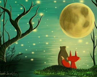 Bear Fox and Moon Digital Instant Download Print