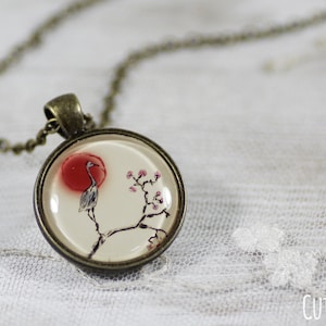 Crane Bird on a Tree Bronze Necklace  - Vintage and Japanese Style Jewelry