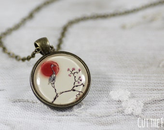Crane Bird on a Tree Bronze Necklace  - Vintage and Japanese Style Jewelry
