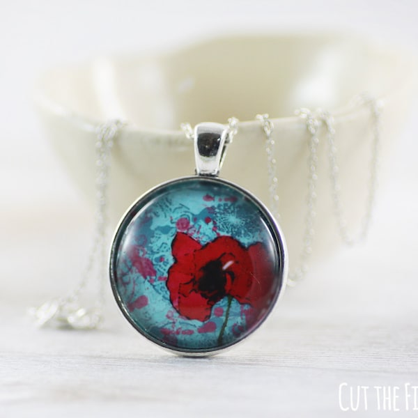 Turquoise Necklace - Jewelry - Turquoise Jewelry - Red Poppy - Blue Necklace - Red Necklace - Art jewelry