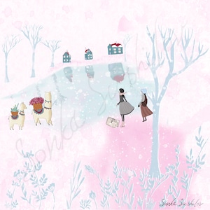 Estampado artístico para niñas y llamas (4 tamaños diferentes) - Tarjeta de felicitación rosa de invierno