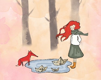 Little Princess Print (3 different sizes) - Art Print - Fox Wall Art - Fox Decor - Girl with Fox Print - Nursery Woodland Decor