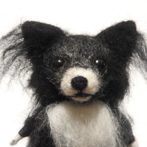 May include: A black and white felt dog toy with a fluffy texture. The dog has black fur and a white chest.